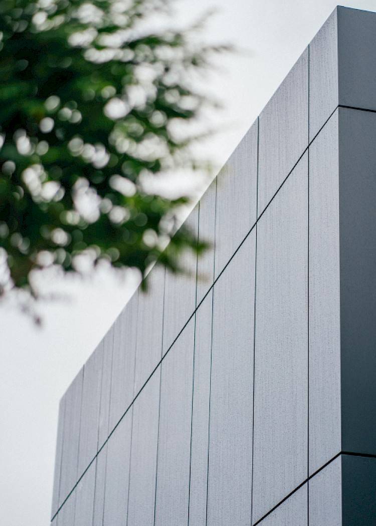 Detailfoto van een zijgevel in aluminium met een boom op de voorgrond